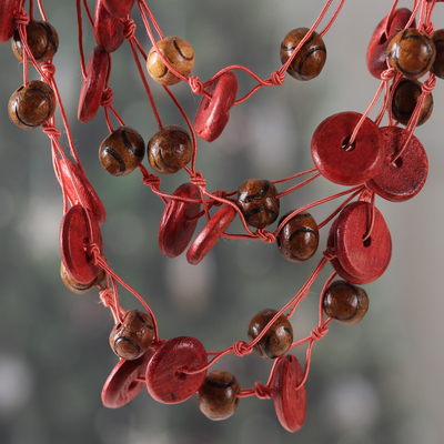 Hand-Carved Red Brown Pink Wood Beaded Statement Necklace