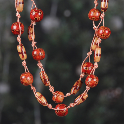 Bohemian Brown and Red Haldu Wood Beaded Station Necklace