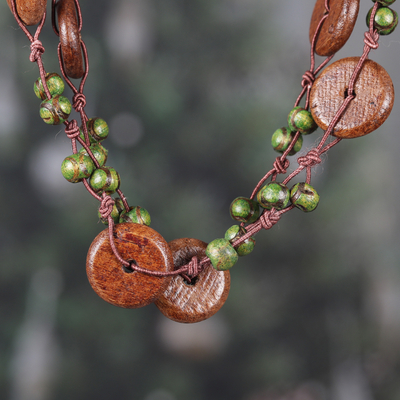 Handmade Brown and Green Haldu Wood Beaded Station Necklace