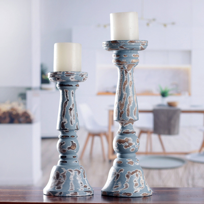 Set of 2 Distressed Blue Mango Wood Candle Holders