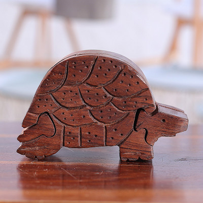 Hand-Carved Turtle-Shaped Mango Wood Puzzle Box from India
