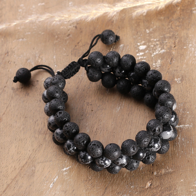 Adjustable Natural Obsidian and Lava Stone Beaded Bracelet