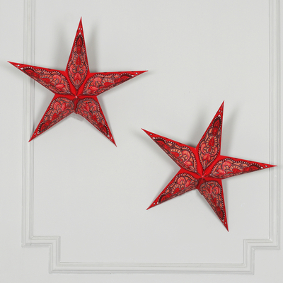 Pair of Handcrafted Red Paper Star Wall Accents with Glitter