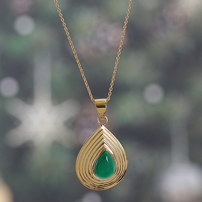 Polished Brass Necklace with Teardrop Green Onyx Pendant