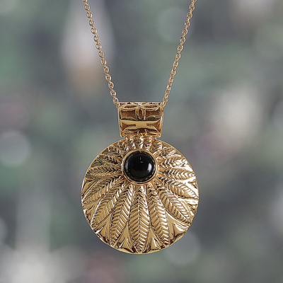 High-Polished Leafy Brass and Black Onyx Pendant Necklace