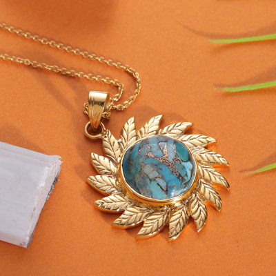 Sun-Themed Leafy Reconstituted Turquoise Pendant Necklace