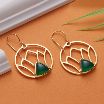 Lotus-Themed Brass and Green Onyx Dangle Earrings from India