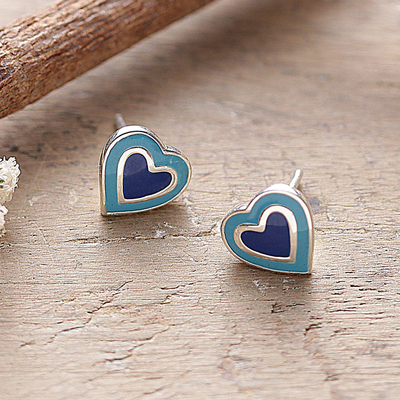 Hand-Painted Silver Heart Stud Earrings in Blue Shades