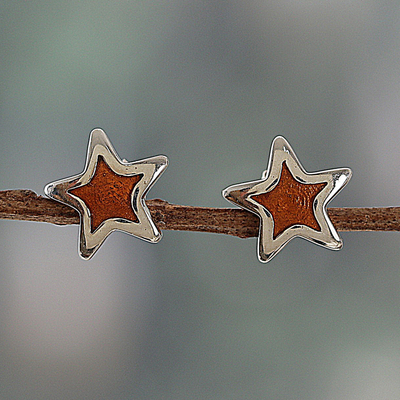 Hand-Painted Sterling Silver Star Stud Earrings in Orange