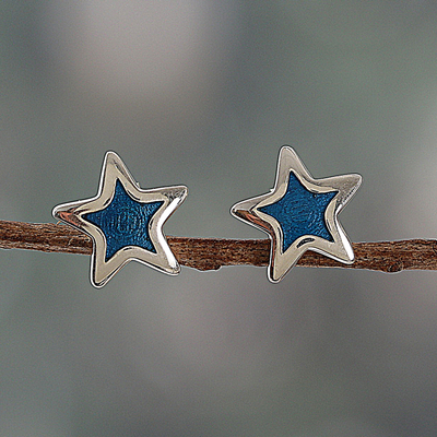 Hand-Painted Polished Silver Blue Star Stud Earrings