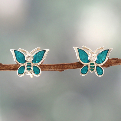 Cubic Zirconia Silver Hand-Painted Butterfly Stud Earrings