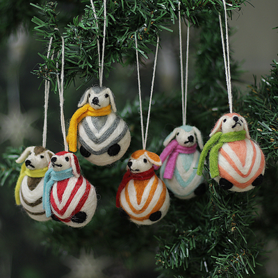 Dog-Themed Set of 6 Wool Felt Bauble Ornaments Made in India