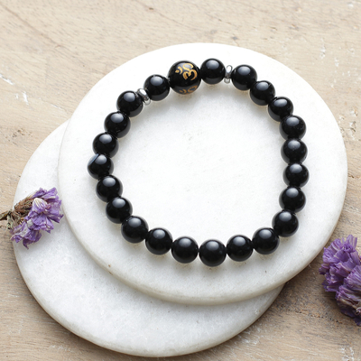 Artisan-Made Onyx Stretch Beaded Bracelet with Om Pendant