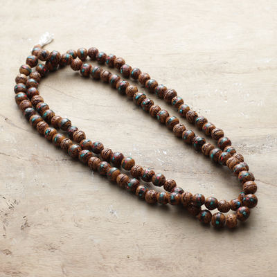 Handmade Bodhi Fig Wood and Resin Beaded Necklace from India