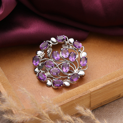 Vine-Themed Rhodium-Plated 14-Carat Oval Amethyst Brooch Pin