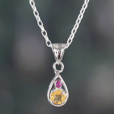 Faceted Round Citrine and Ruby Pendant Necklace from India