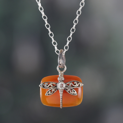 Natural Carnelian Dragonfly Pendant Necklace with Quartz Gem