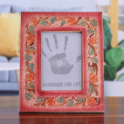 Floral and Leafy Embossed Leather Photo Frame in Warm Hues