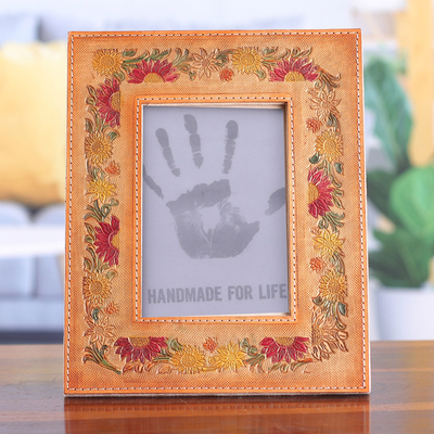 Embossed Floral Crimson and Orange Leather Photo Frame (4x6)