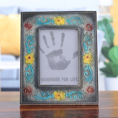 Handcrafted Azure and Turquoise Leather Photo Frame (4x6)