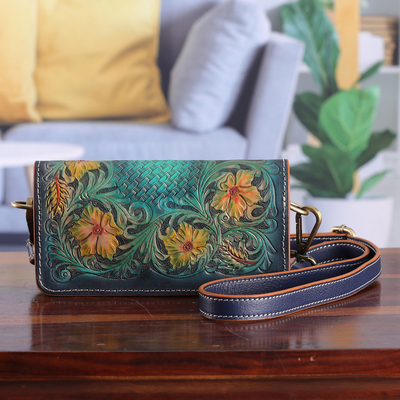 Floral Embossed Teal and Goldenrod Leather Clutch Sling