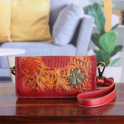 Artisan-Made Floral Crimson and Caramel Leather Clutch Sling