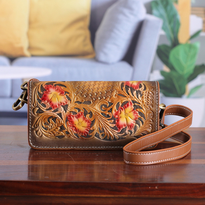 Handcrafted Floral Copper and Caramel Leather Clutch Sling