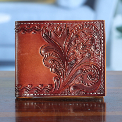 Bifold Leather Wallet with Hand-Tooled Swirling Vine Design