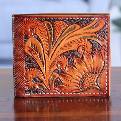 Bifold Leather Wallet with Hand-Tooled Sunflower Vine Motifs