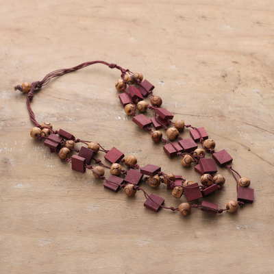 Bohemian Burgundy and Brown Wood Beaded Strand Necklace