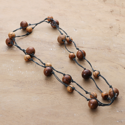 Fair Trade Brown and Grey Haldu Wood Beaded Station Necklace