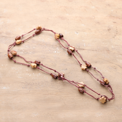 Star-Themed Bohemian Brown Haldu Wood Long Station Necklace