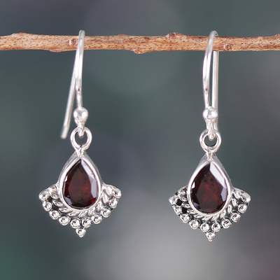 Garnet and Silver Dangle Earrings with Rope and Dot Accents