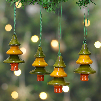 Artisan-Made Set of 4 Wood Channapatna Pine Tree Ornaments