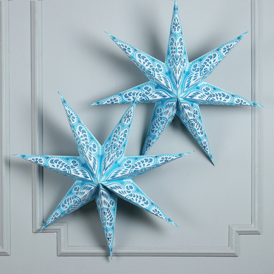 Blue and White Star-Shaped Paper Wall Accent Pair from India