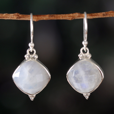 33-Carat Faceted Natural Rainbow Moonstone Dangle Earrings