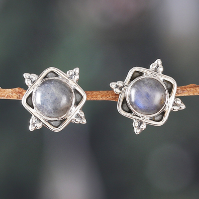 Classic Natural Labradorite Button Earrings Crafted in India