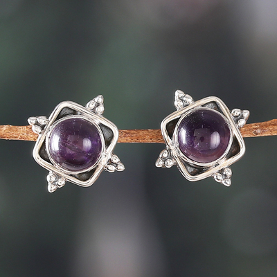 Artisan-Made Amethyst Cabochon Button Earrings from India