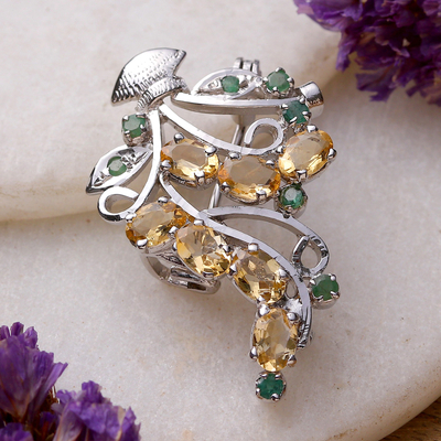 Rhodium-Plated Three-Carat Citrine and Emerald Brooch Pin