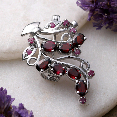 Leafy Rhodium-Plated Three-Carat Garnet and Ruby Brooch Pin