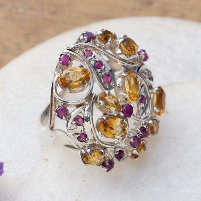 Faceted Six-Carat Citrine and Ruby Cocktail Ring from India