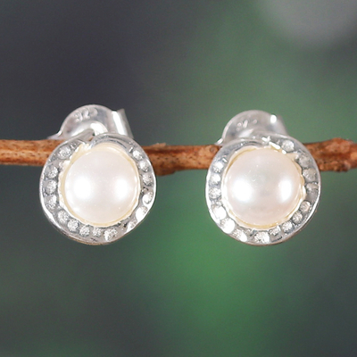 Sea-Inspired Cream Cultured Pearl Stud Earrings from India