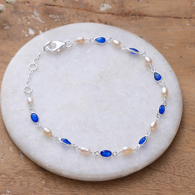 2-Carat Cream Cultured Pearl and Blue Quartz Link Bracelet