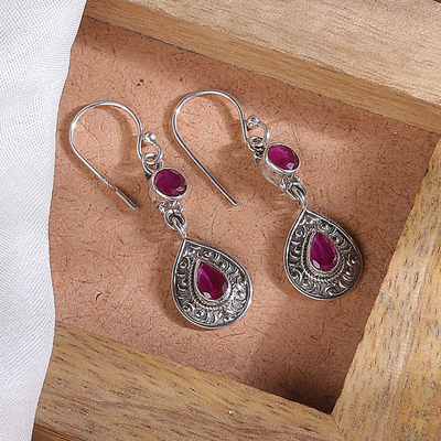 Handmade Two-Carat Ruby and Sterling Silver Dangle Earrings