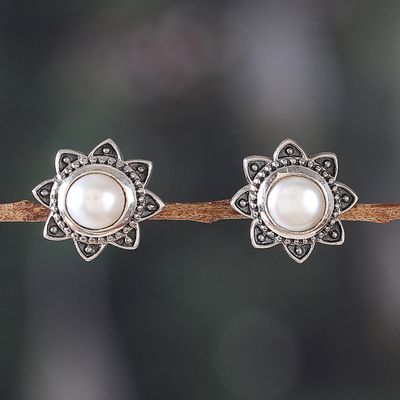 Flower-Shaped Sterling Silver and Pearl Button Earrings