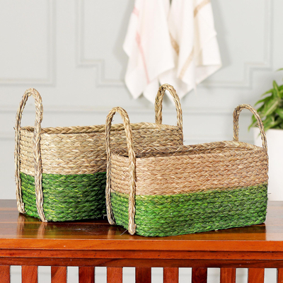 Handwoven Set of 2 Green and Beige Sabai Grass Fiber Baskets