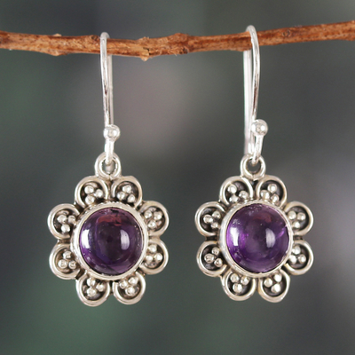 Flower-Shaped Sterling Silver and Amethyst Dangle Earrings