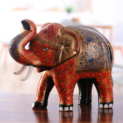 Artisan-Made Floral Painted Papier Mache Elephant Sculpture