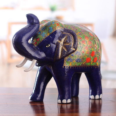 Classic Royal Elephant-Themed Blue and Golden Wood Sculpture