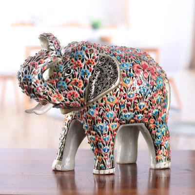Spring-Themed Wood and Papier Mache Royal Elephant Sculpture